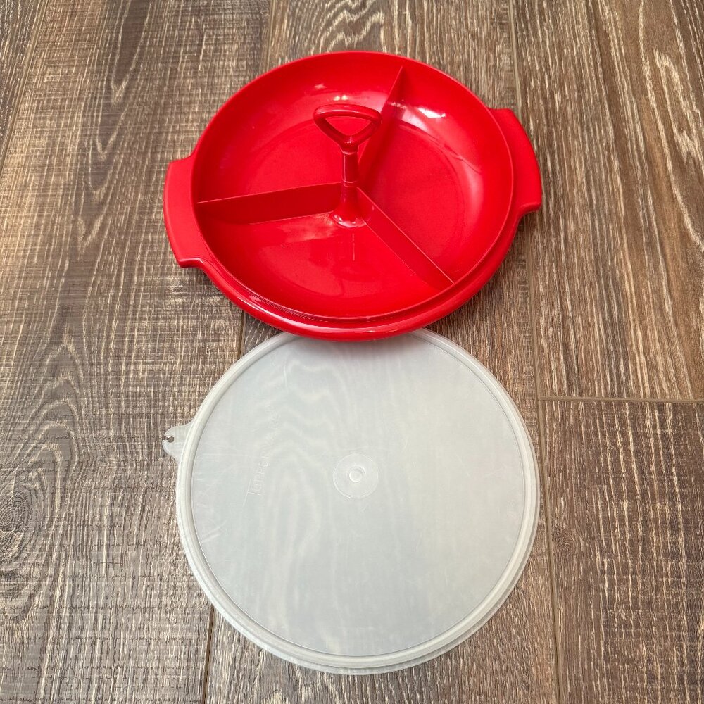 Tupperware 3-Part Divided Serving Tray with Lid - Red